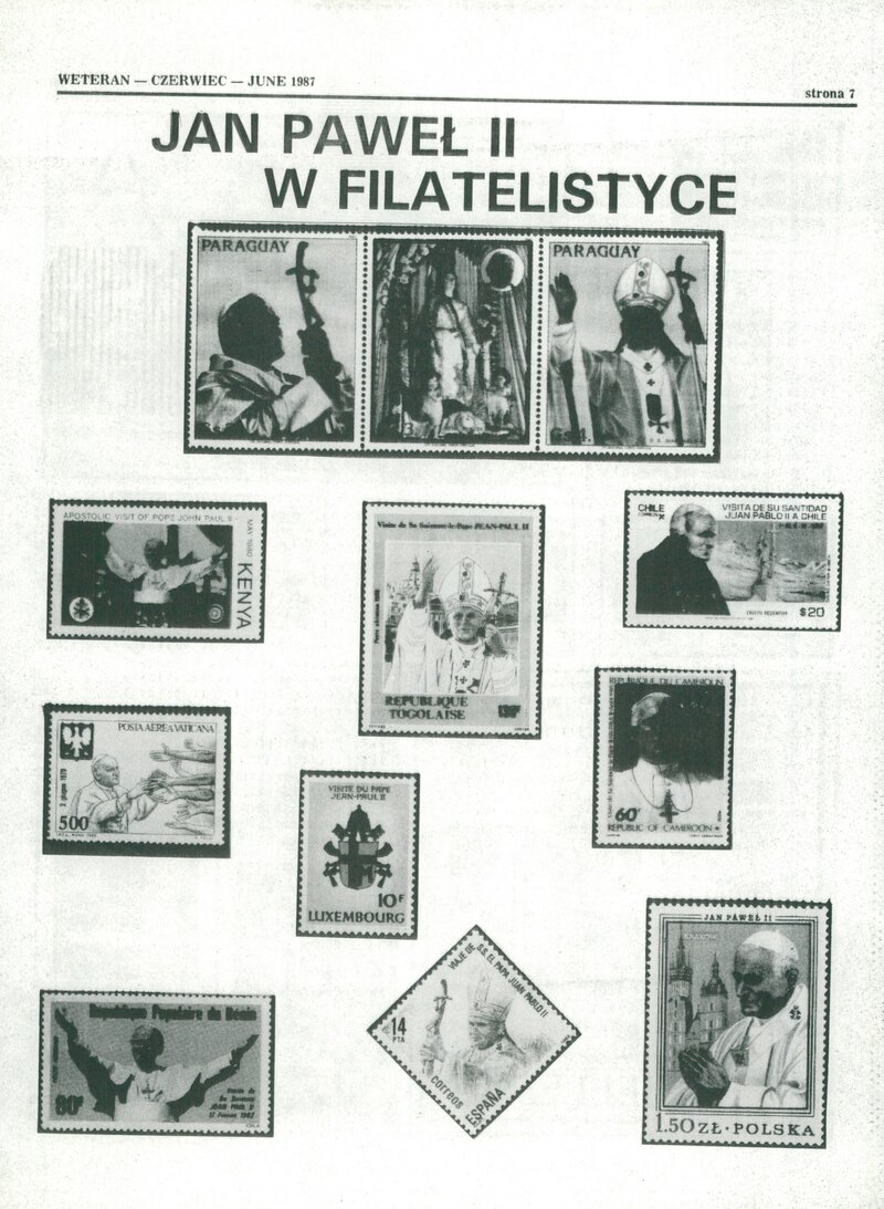 Fragmenty gazety polonijnej "Weteran" z czerwca 1987 r. zawierające m.in. kopie materiałów filatelistycznych dotyczących III Pielgrzymki, IPN BU 3663/791, materiały pozyskane przez IPN w ramach współpracy ze Stowarzyszeniem Weteranów Armii Polskiej w Ameryce